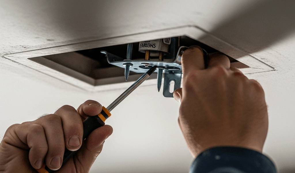 electrician installing a ceiling fan mounting bracket on a f 20260331 094510