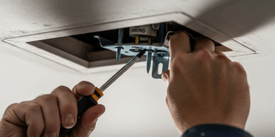 electrician installing a ceiling fan mounting bracket on a f 20260331 094510