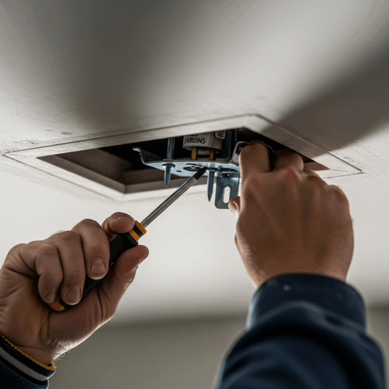 electrician installing a ceiling fan mounting bracket on a f 20260331 094510