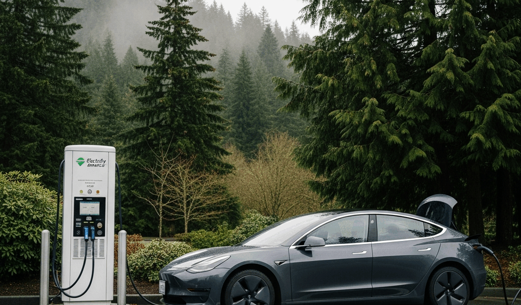electric vehicle charging station in Pacific Northwest setting