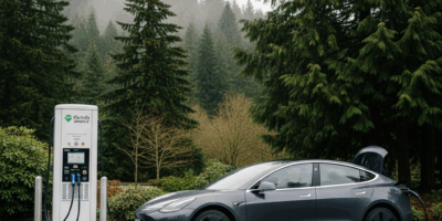 electric vehicle charging station in Pacific Northwest setting
