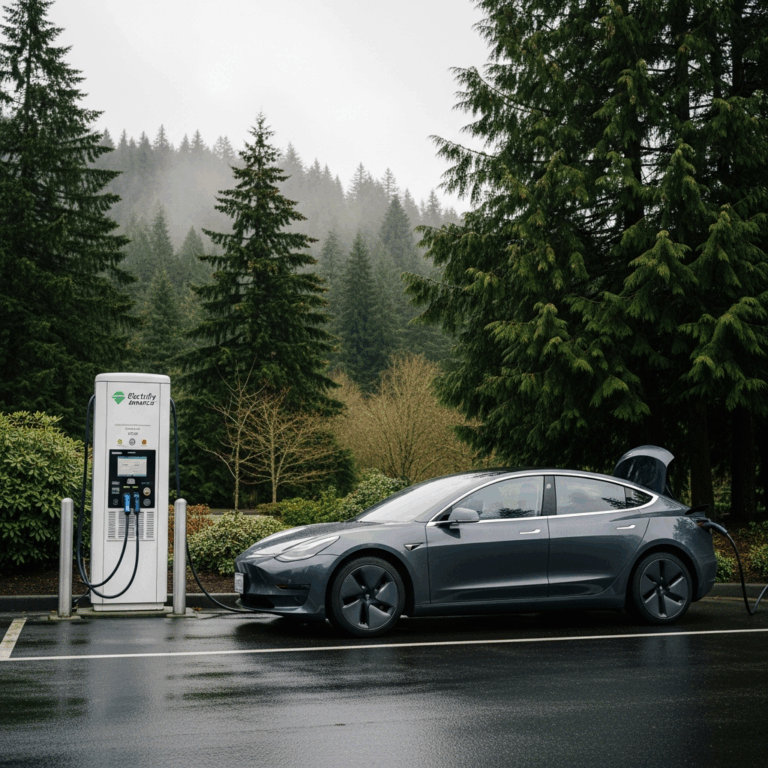 electric vehicle charging station in Pacific Northwest setting